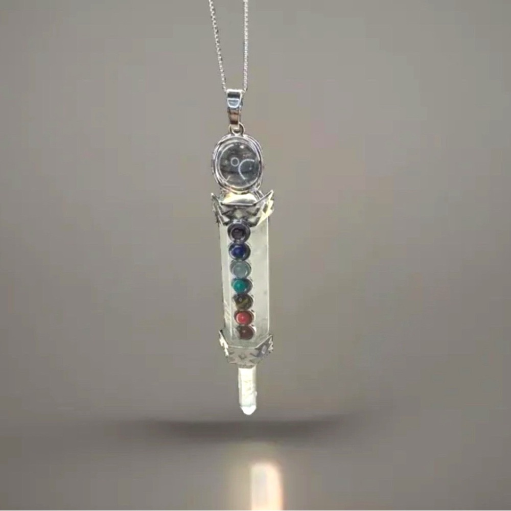 Large Clear Quartz 7 Chakra Pendant Pendulum Wand With 925 Sterling Silver Chain